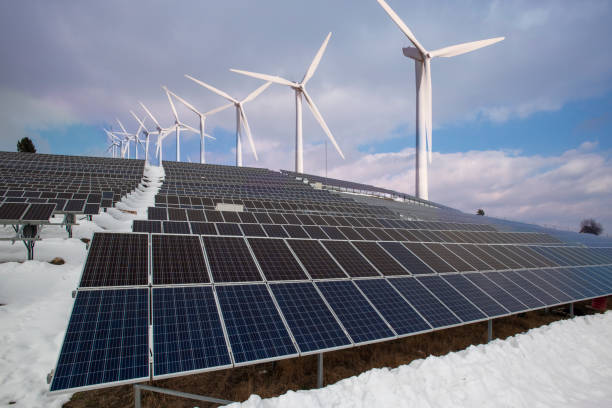 solar panels and wind turbines - blue cloudscape contemporary electricity imagens e fotografias de stock