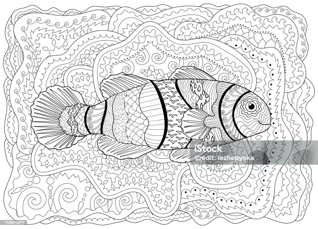 Clownfish with high details. Clownfish with high details. Adult antistress coloring page. Black white hand drawn doodle oceanic animal. Sketch for tattoo, poster, print, t-shirt in doodle style. Vector illustration. Abstract stock vector