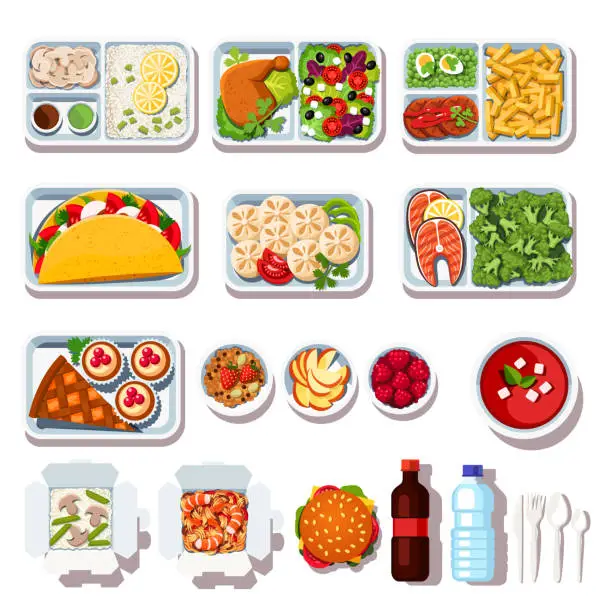 Vector illustration of Takeaway meals assortment. Ready takeout food on disposable plates and cutlery. Take out restaurant lunch eats. Flat style vector illustration