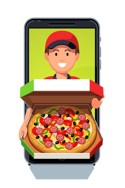 ресторан доставка пиццы онлайн телефон приложение концепции. улыбающийся курьер человек мальчик появляется с экрана смартфона. человек, п� - pizza pizza box cartoon take out food stock illustrations