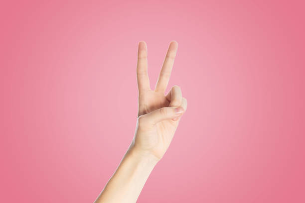 istock Positive gesture on a pink background. Hand show viktory sign, close up 1148678642