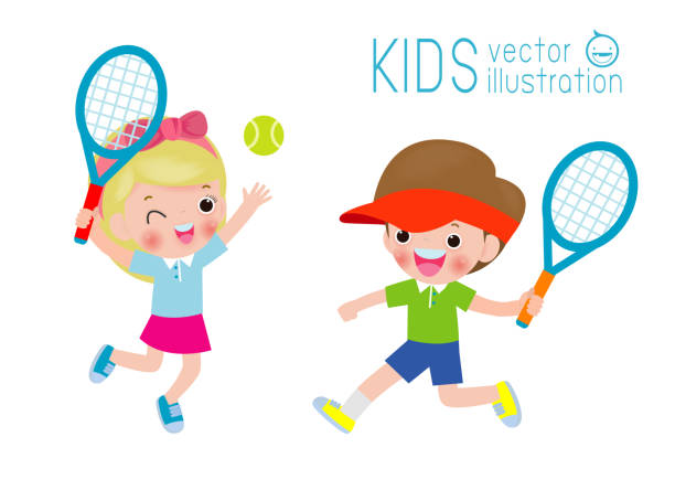 illustrazioni stock, clip art, cartoni animati e icone di tendenza di illustrazione vettoriale dei bambini che giocano a tennis - child tennis white background sport