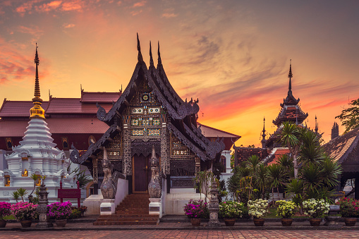 Temple buildings in the historic Wat Chedi Luang temple complex in Chiang Mai, Thailand.