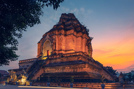 The historic Chedi ruin of the Wat Chedi Luang temple in Chiang Mai, Thailand.