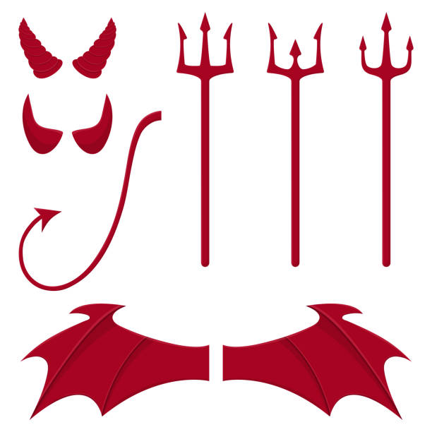 illustrations, cliparts, dessins animés et icônes de ensemble d’éléments de diable isolés sur le fond blanc. cornes rouges, tridents, ailes, queue. illustration vectorielle propre et moderne pour la conception. - satanic