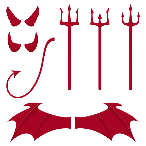 ilustrações, clipart, desenhos animados e ícones de jogo de elementos do diabo isolados no fundo branco. chifres vermelhos, tridentes, asas, cauda. ilustração limpa e moderna do vetor para o projeto. - satanic