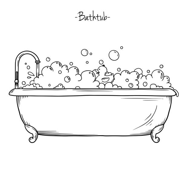 ilustrações, clipart, desenhos animados e ícones de espuma do banho do esboço e pato de borracha. ilustração do vetor no estilo do esboço. - bathtub