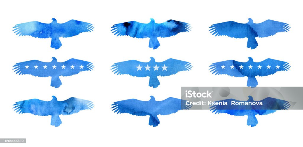 Collection of American watercolor eagles, birds silhouettes with USA flag. Hand made texture. Collection of USA watercolor eagles, birds silhouettes. Abstract stock illustration