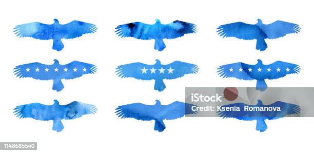 Collection Of American Watercolor Eagles Birds Silhouettes With Usa Flag Hand Made Texture Stock Illustration - Download Image Now