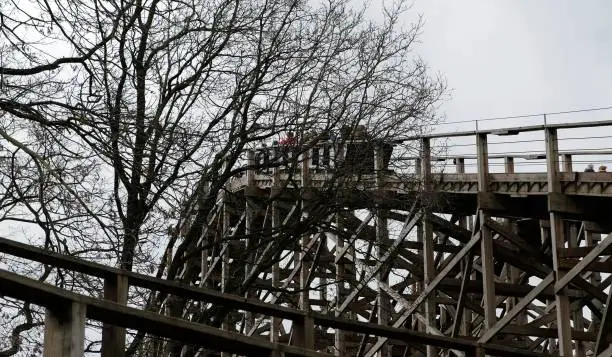wooden Rollercoaster track Joris and the dragon. Amusement park the efteling in holland, the biggest tourist attraction for tourists in the netherlands at Duiksehoef, Kaatsheuvel, Netherlands