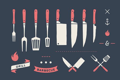 Vintage meat set. Set of meat cutting knive, fork, old school graphic elements, fire icon, grill and barbecue tools. Butcher and BBQ supplies, knife, grill fork for meat themes. Vector Illustration