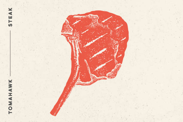 illustrations, cliparts, dessins animés et icônes de steak, tomahawk. affiche avec la silhouette de steak, texte - raw