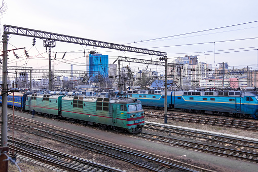 Kyiv, Ukraine - March 09, 2019: Old electric locomotive at the Kiev Central Railroad Station. Kyiv, Ukraine