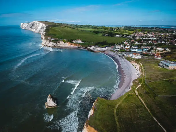 Aerial shot of Freshwater Bay on the Isle of Wight