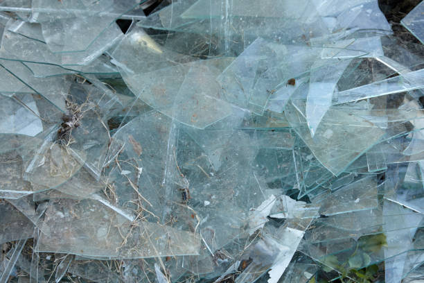 Close-up of a pile of the broken window glass, view from above