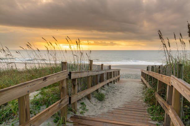 strandpromenade führt zum strand bei sunrise - south carolina stock-fotos und bilder