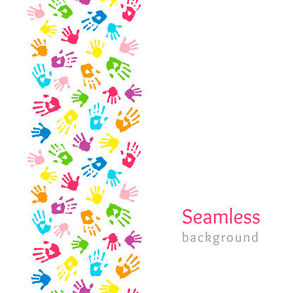 Colored hands on white. Seamless vertical border made of handprints. Endless colorful background. Vector illustration