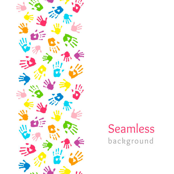 Colored hands on white. Seamless vertical border made of handprints. Endless colorful background. Vector illustration Colored hands on white. Seamless vertical border made of handprints. Endless colorful background. Vector illustration handprint stock illustrations