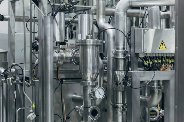 istock Industrial stainless steel pipes connected with vats and control valves 1148695347