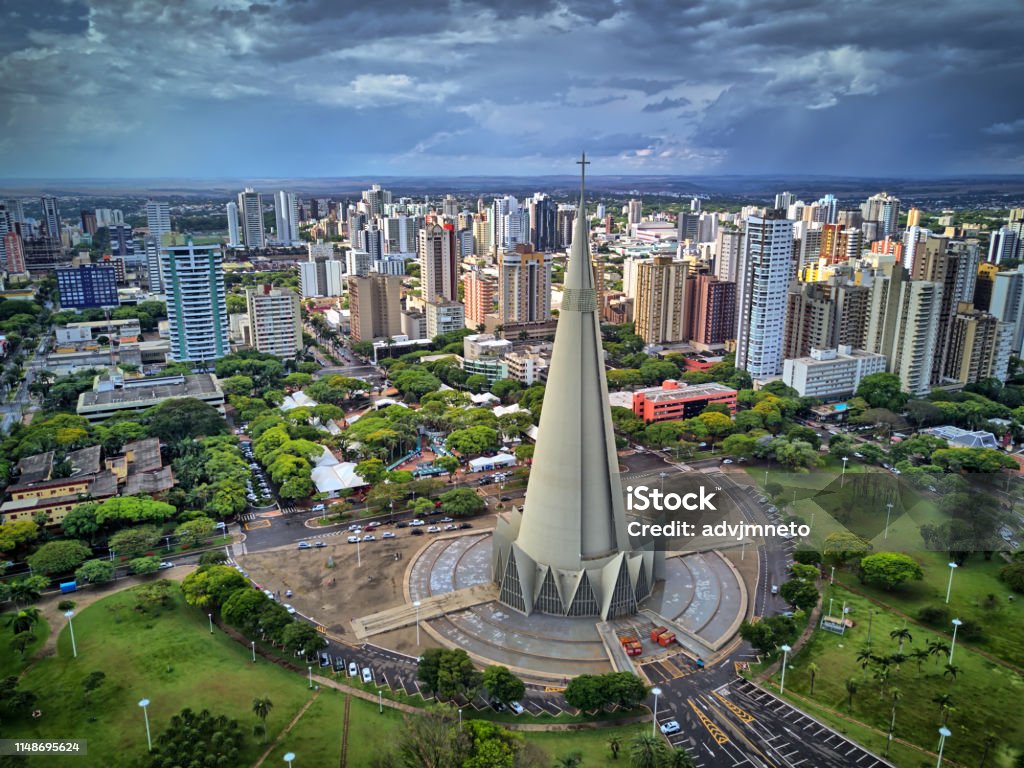 Maringá Cathedral and city center. Several buildings. Cathedral of Maringá and downtown. Several buildings. Parana State Stock Photo