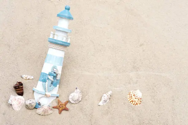 Photo of Travel banner template. Photos of the lighthouse and seashells. Tourist, sea background. Nautical background