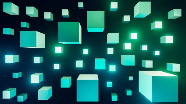 Photo of Glowing green and blue cubes design. Abstract futuristic background