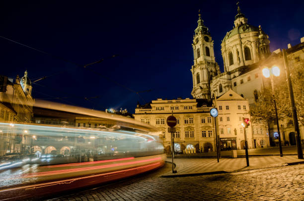 istock Long exposure of tramway downtown Prague at night 1148699537