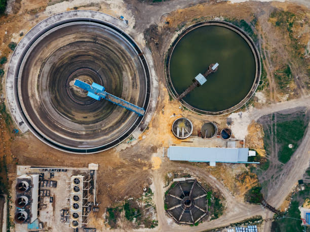 istock Round clarifiers at wastewater treatment plant, top view from drone 1148700525