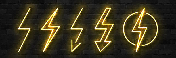 illustrazioni stock, clip art, cartoni animati e icone di tendenza di set vettoriale di segno neon isolato realistico del simbolo dell'elettricità per la decorazione del modello e la copertura sullo sfondo della parete. concetto di fulmini ed energia. - high voltage sign flash