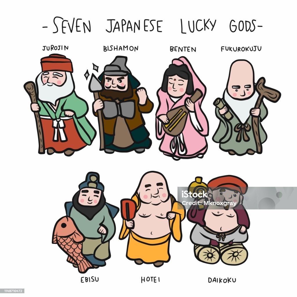 Ilustración de Siete Dioses De La Suerte Japoneses Con Su Nombre De Dibujos  Animados Doodle Ilustración Vectorial y más Vectores Libres de Derechos de  Dios - iStock