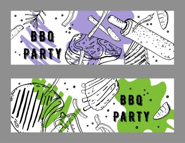 Vector illustration of Set of two BBQ party prints design template. Outline sketch vector hand drawn illustration with different grilled food and colorful spots