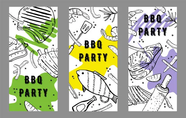 Vector illustration of Set of three BBQ party  flyers design template. Outline sketch vector hand drawn illustration with different grilled food and colorful spots