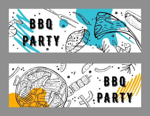 Vector illustration of Two BBQ party  flyers design templates. Outline sketch vector hand drawn illustration with different food and colorful spots