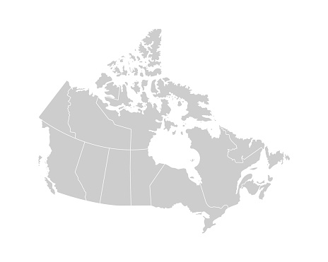 Vector isolated illustration of simplified administrative map of Canada. Borders of the provinces (regions). Grey silhouettes. White outline.