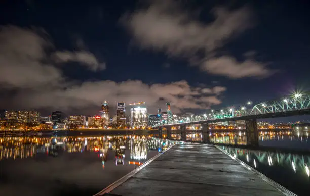 Photo of Long Exposure View of Downtown Portland With Clouds Over it