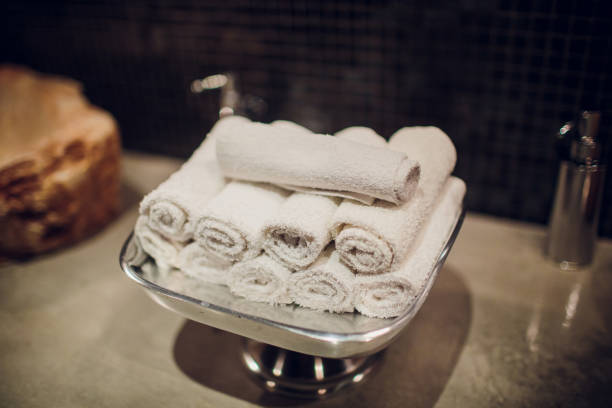 istock Restroom in hotel or restaurant, focus on towels 1148716444