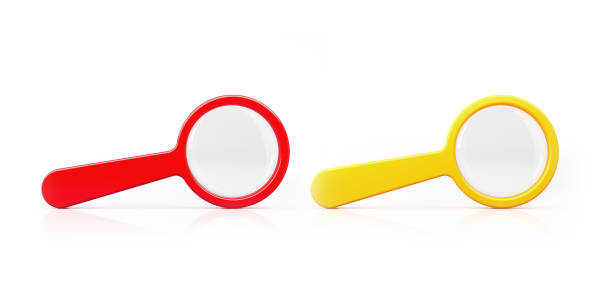 흰색 배경에 고립 된 빨간색과 노란색 돋보기 - isolated on yellow magnifying glass searching glass 뉴스 사진 이미지