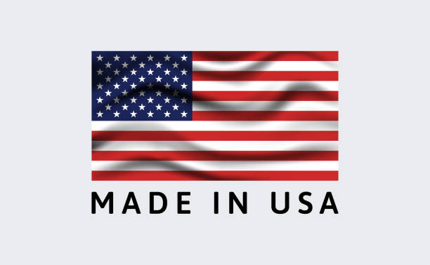 Made in USA. Fabric American flag on white background. Made in USA. Fabric American flag isolated on white background. Template for tag or label. Vector illustration. usa made in the usa industry striped stock illustrations