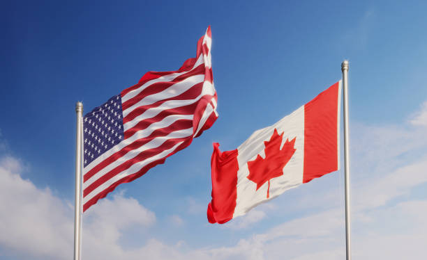 banderas americanas y canadienses saludando en diferentes direcciones sobre el cielo azul - canada canadian flag business canadian culture fotografías e imágenes de stock