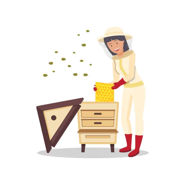 Vector illustration of Woman with Honeycomb in Hand Stands near Beehive.