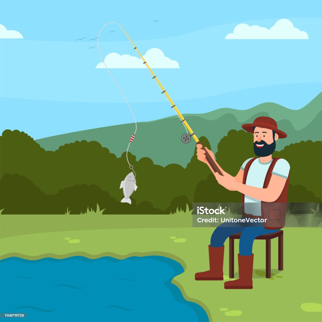 Man Sits on Lake Shore and Ð¡atch Fish. Vector. Man Sits on Lake Shore and Ð¡atch Fish. Fishing Rod in Hand. Catch Fish. Sit by Lake. Fish on Hook. Hobby Fishing. Spend Holiday in Nature. Camping in Nature. Vector Illustration. Fishing Equipment. Adult stock vector