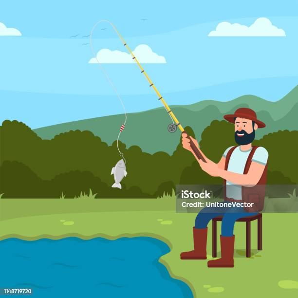 Man Sits On Lake Shore And Ðatch Fish Vector Stock Illustration - Download Image Now - Adult, Apartment, Art