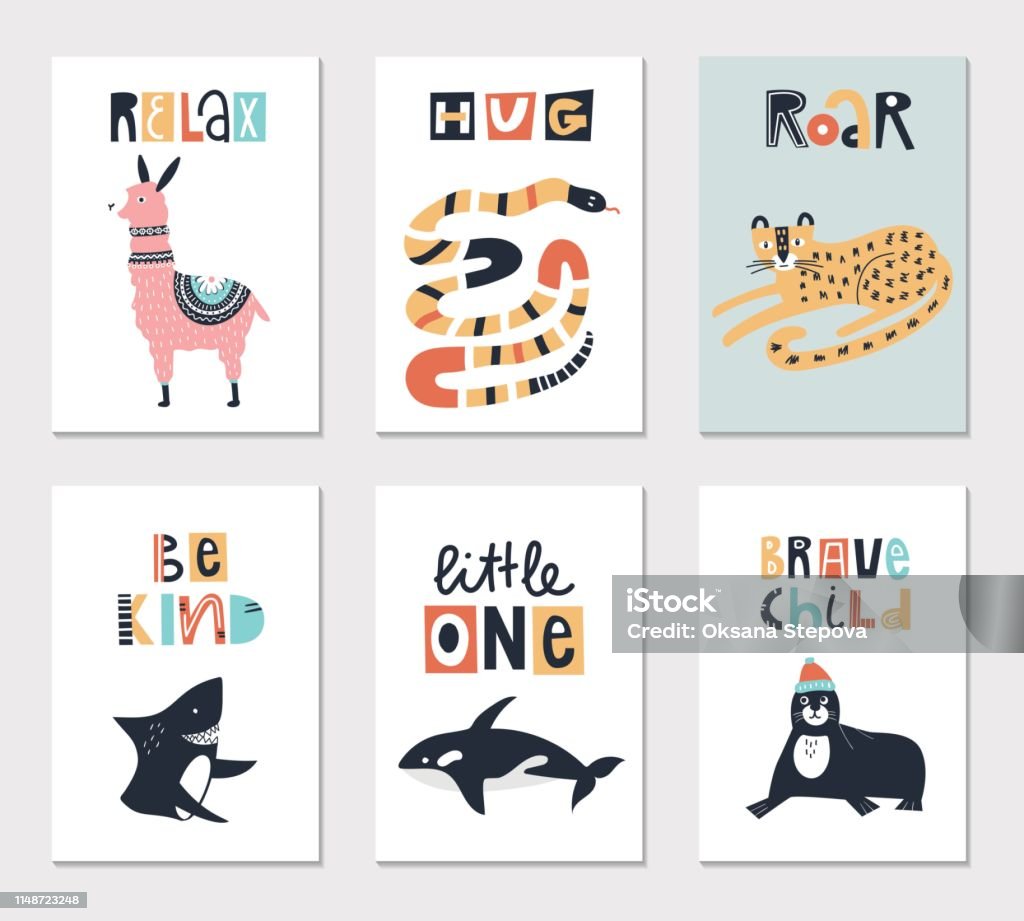 Collection of children cards with cute animals and lettering. Perfect for nursery posters. Vector illustration. Collection of children cards with cute animals and lettering. Perfect for nursery posters. Vector illustration Alpaca stock vector
