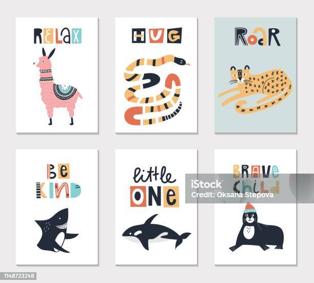 Collection Of Children Cards With Cute Animals And Lettering Perfect For Nursery Posters Vector Illustration Stock Illustration - Download Image Now