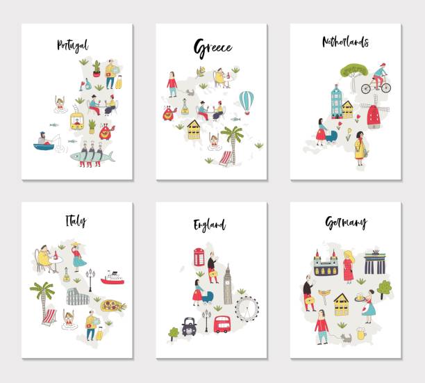 Big set of illustrated maps of of Europe with cute and fun hand drawn characters, plants and elements. Big set of illustrated maps of of Europe with cute and fun hand drawn characters, plants and elements. Color vector illustration europe illustrations stock illustrations