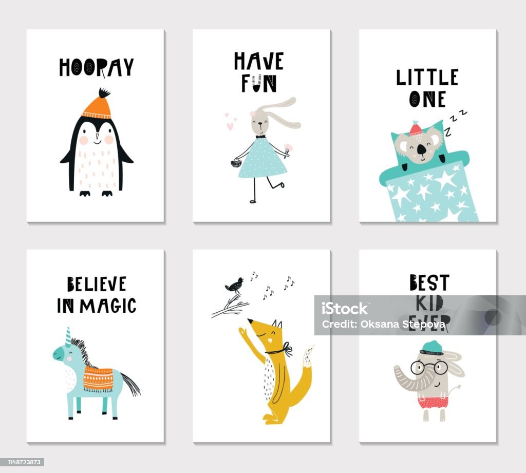 Collection of children cards with cute animals and lettering. Perfect for nursery posters. Vector illustration. Collection of children cards with cute animals and lettering. Perfect for nursery posters. Vector illustration Animal stock vector