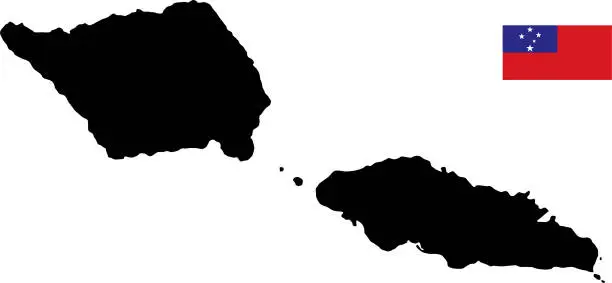 Vector illustration of Black basic map of Samoa with flag against white background