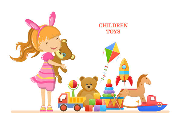 ilustrações de stock, clip art, desenhos animados e ícones de set of children's toys for girl. colorful kid's games. - child horse design symbol