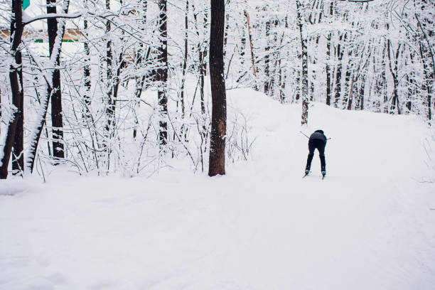 скандинавский лыжник на белом зимнем лесу, покрытом снегом. - world cup стоковые фото и изображения