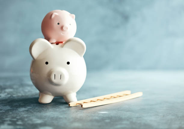 istock Piggy banks with ladder in blue setting 1148728585